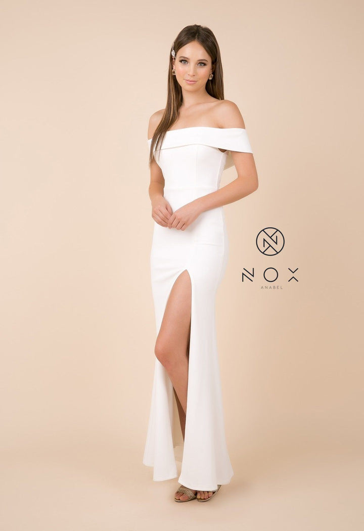 Fitted Long Off Shoulder Dress with High Slit by Nox Anabel K401-Long Formal Dresses-ABC Fashion