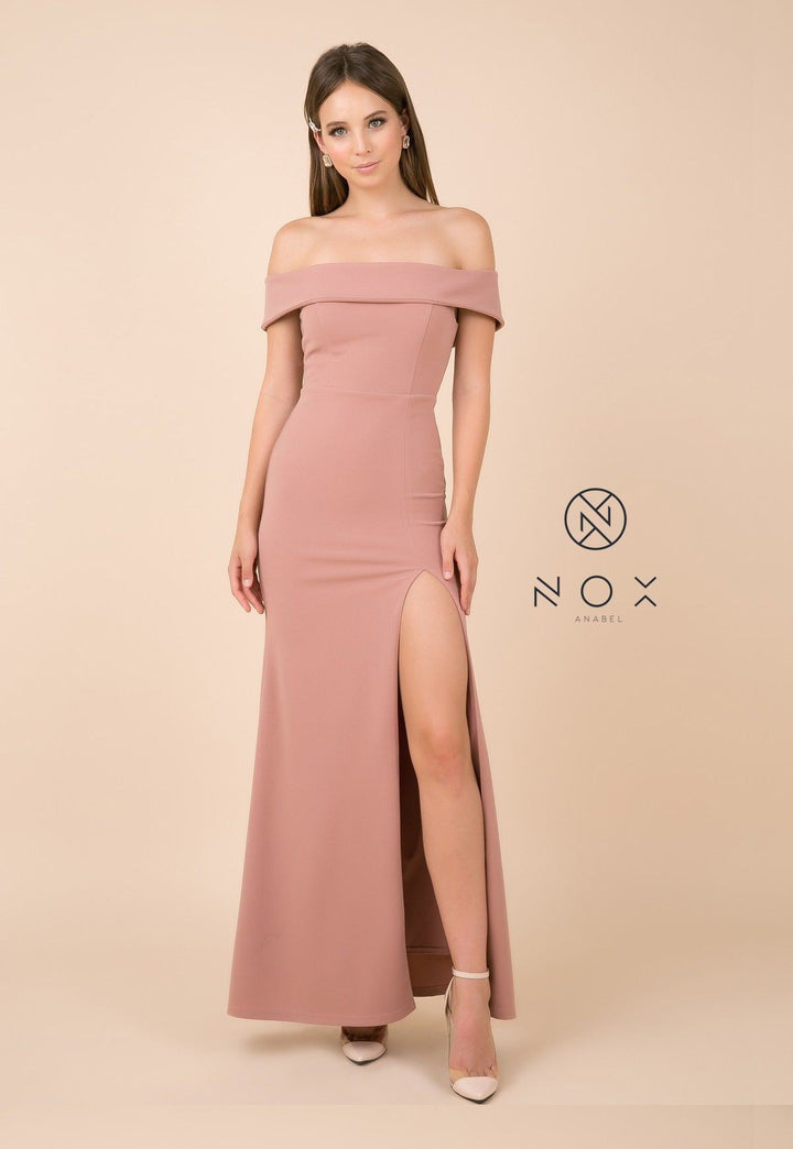Fitted Long Off Shoulder Dress with High Slit by Nox Anabel K401-Long Formal Dresses-ABC Fashion