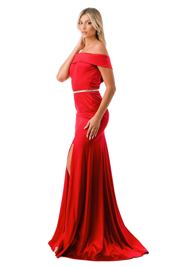 Fitted Long Off Shoulder Satin Slit Dress by Coya D548