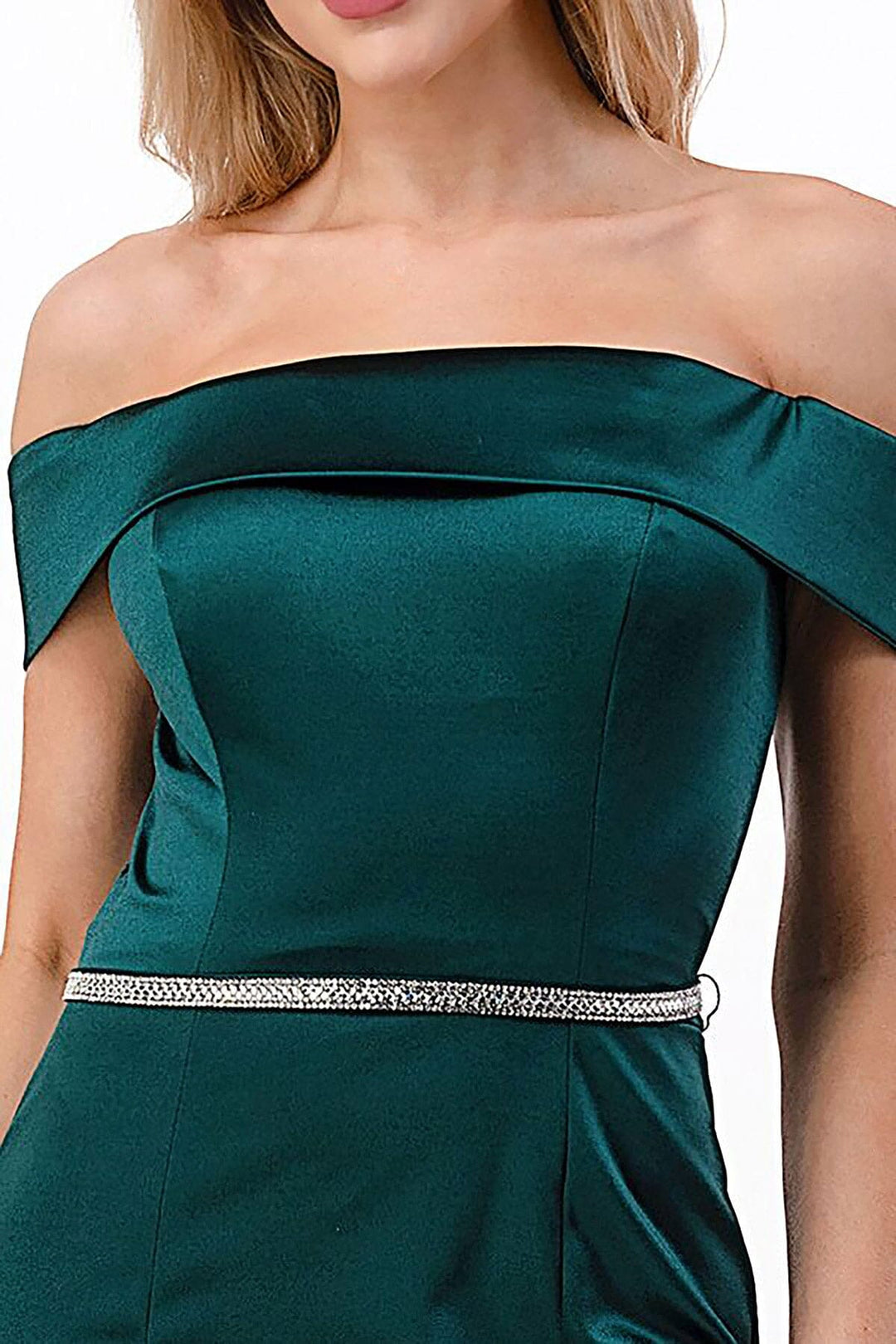 Fitted Long Off Shoulder Satin Slit Dress by Coya D548