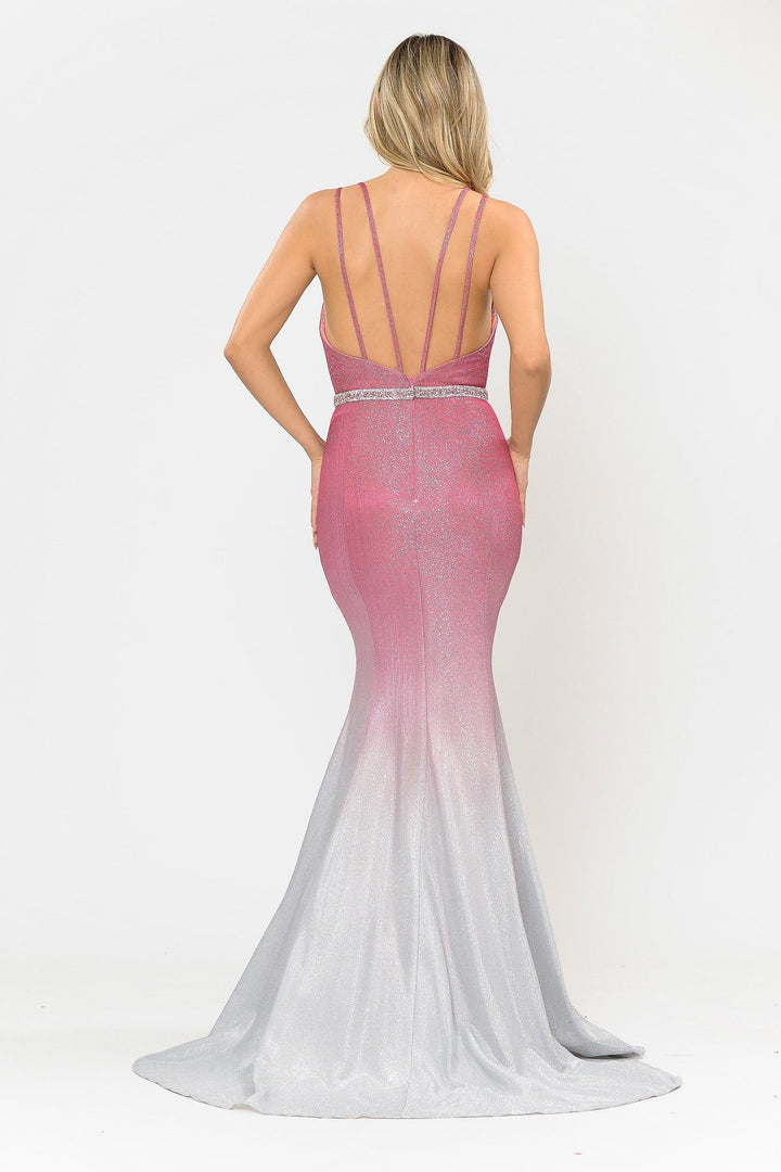 Fitted Long Ombre Glitter V-Neck Dress by Poly USA 8334
