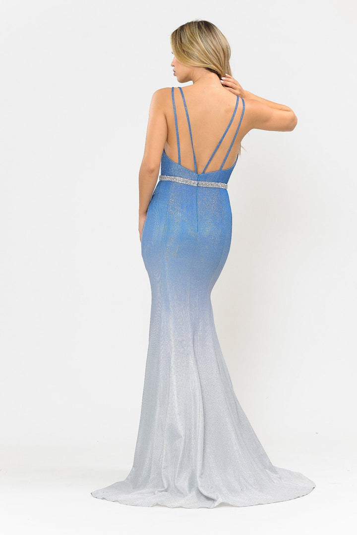 Fitted Long Ombre Glitter V-Neck Dress by Poly USA 8334