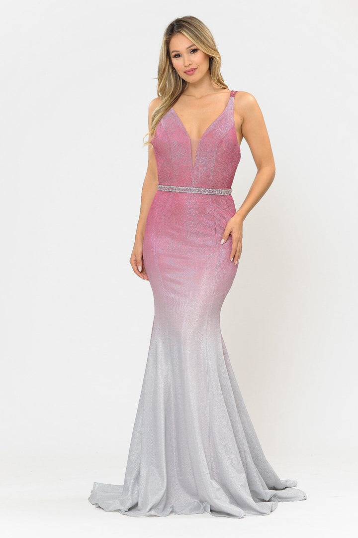 Fitted Long Ombre Glitter V-Neck Dress by Poly USA 8334