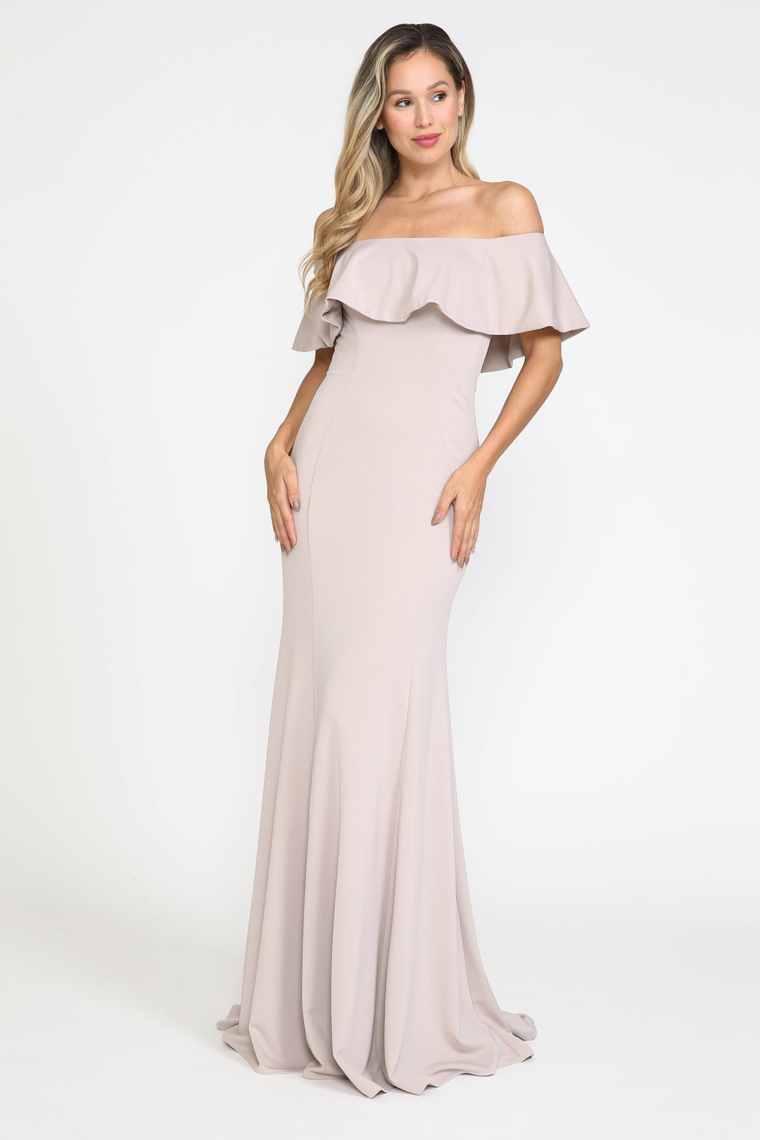 Fitted Long Ruffled Off Shoulder Dress by Poly USA 8146