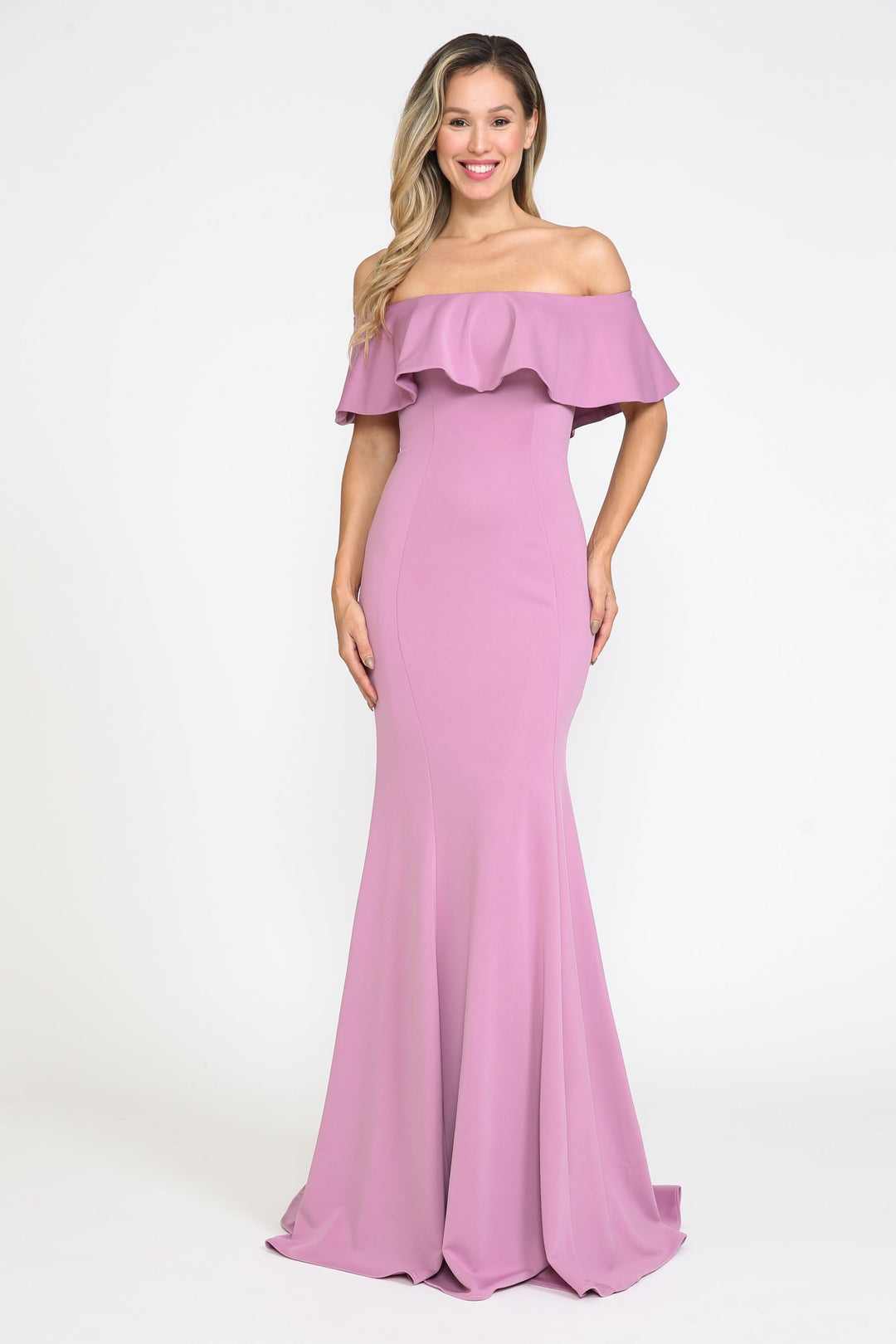 Fitted Long Ruffled Off Shoulder Dress by Poly USA 8146