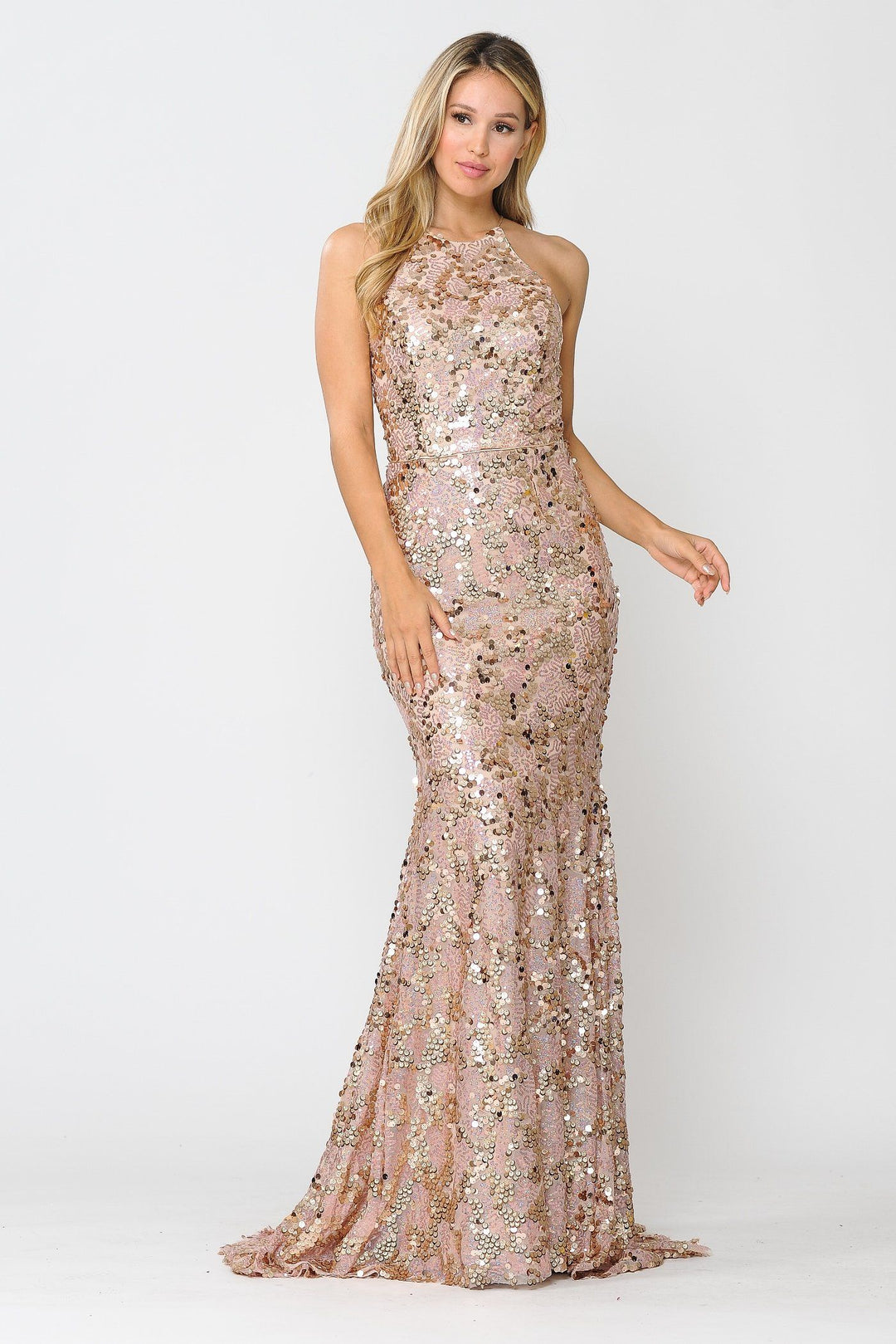 Fitted Long Sequin Dress with Corset Back by Poly USA 8646