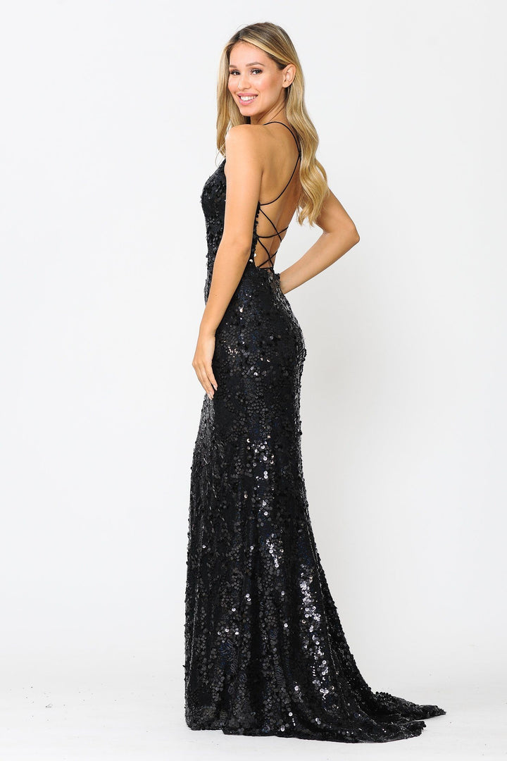 Fitted Long Sequin Dress with Corset Back by Poly USA 8646