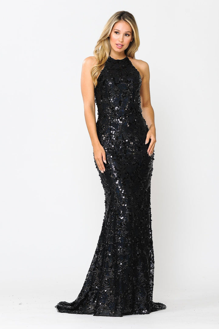 Fitted Long Sequin Dress with Corset Back by Poly USA 8646