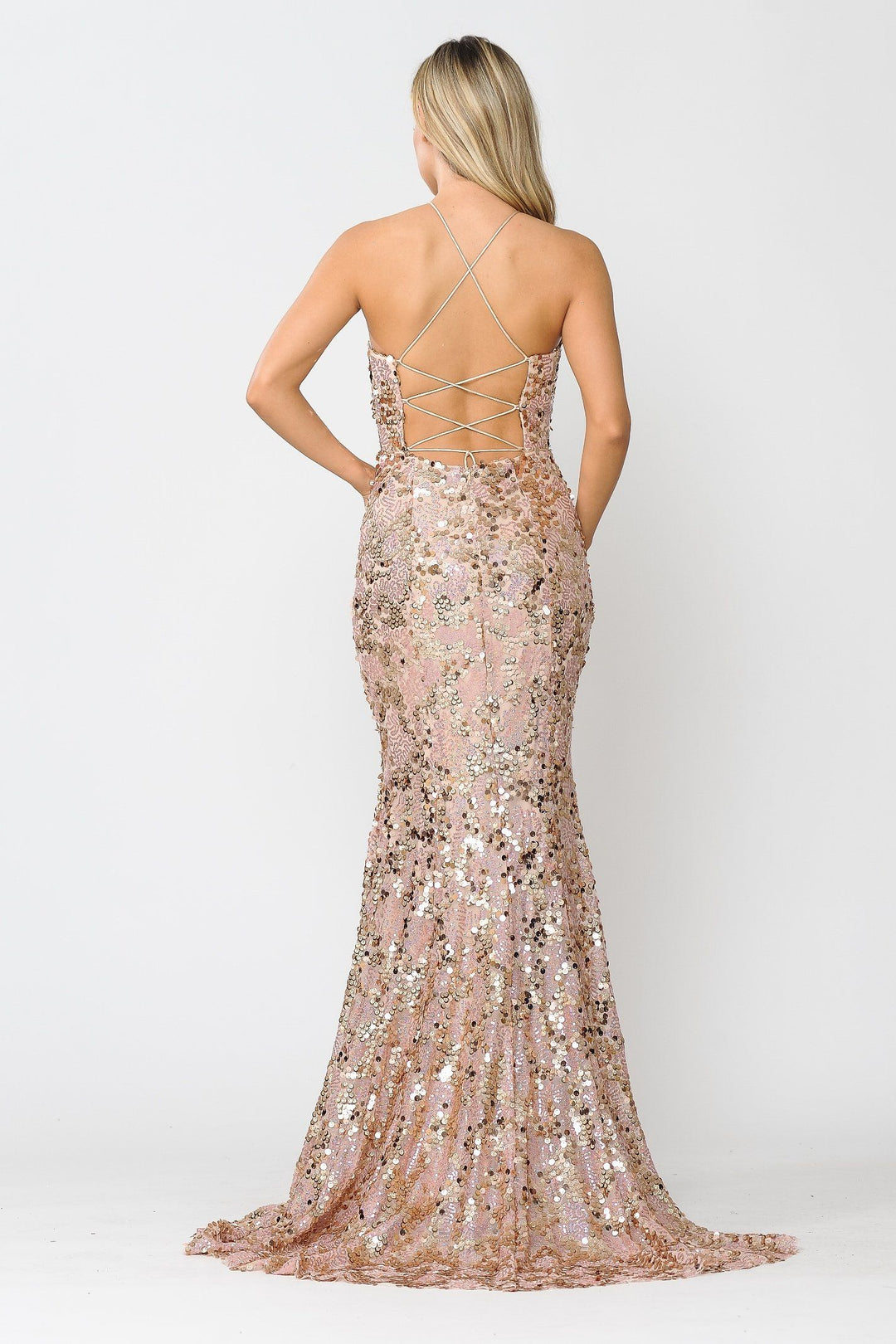 Fitted Long Sequin Dress with Corset Back by Poly USA 8646