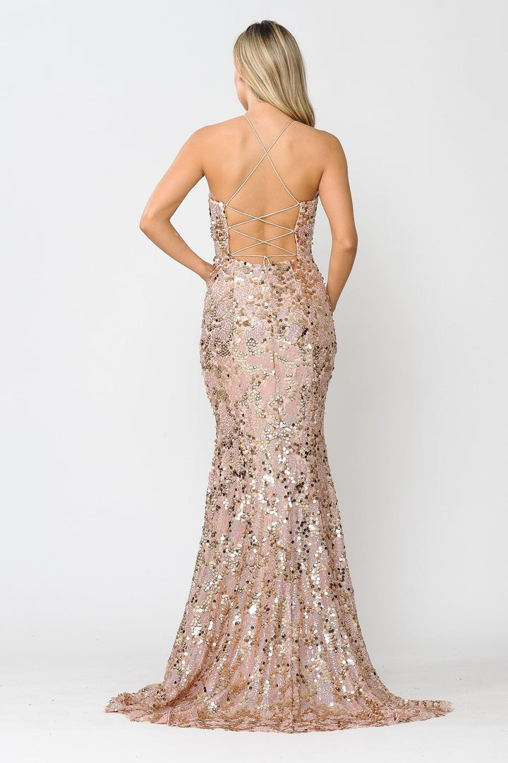 Fitted Long Sequin Dress with Corset Back by Poly USA 8646