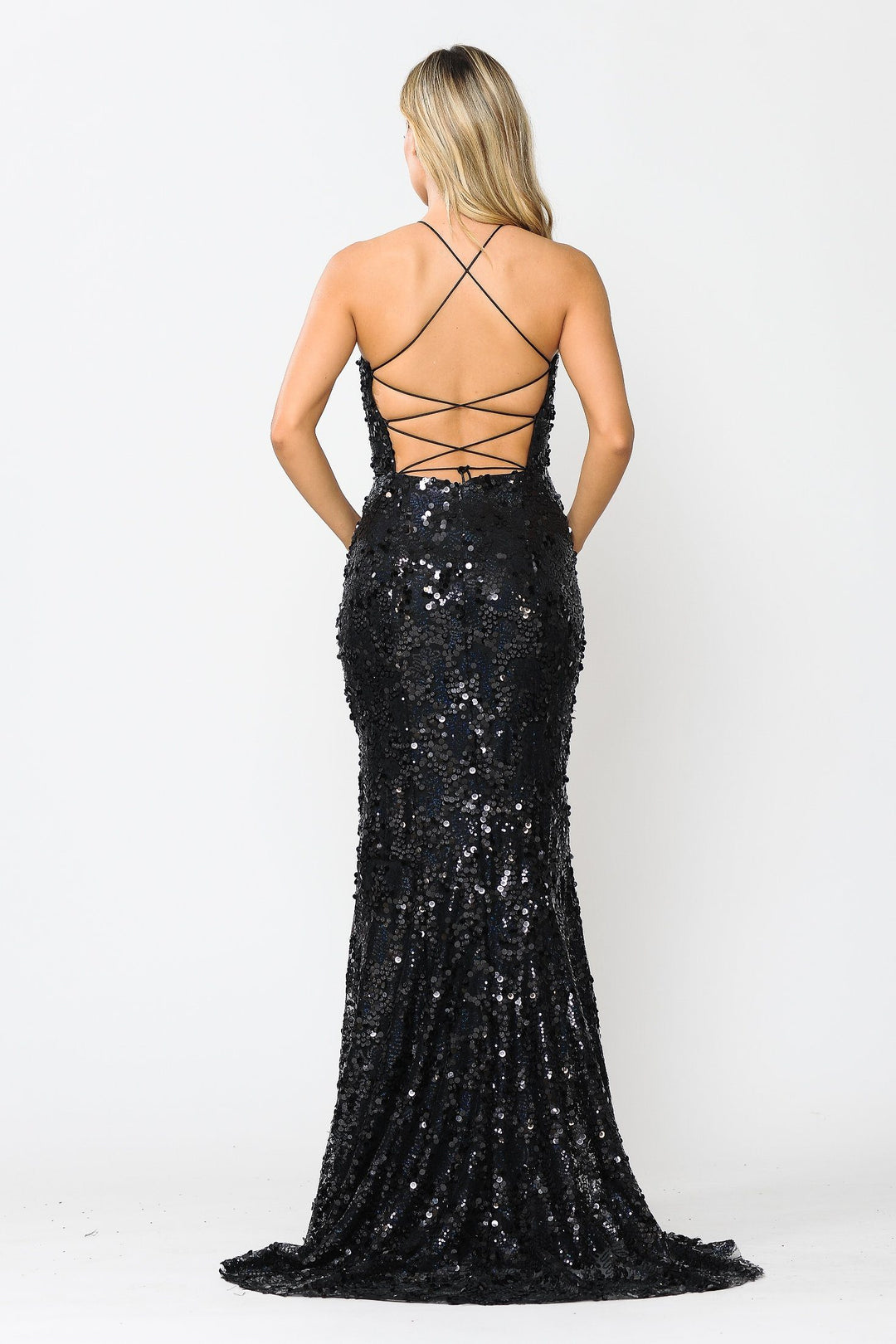 Fitted Long Sequin Dress with Corset Back by Poly USA 8646