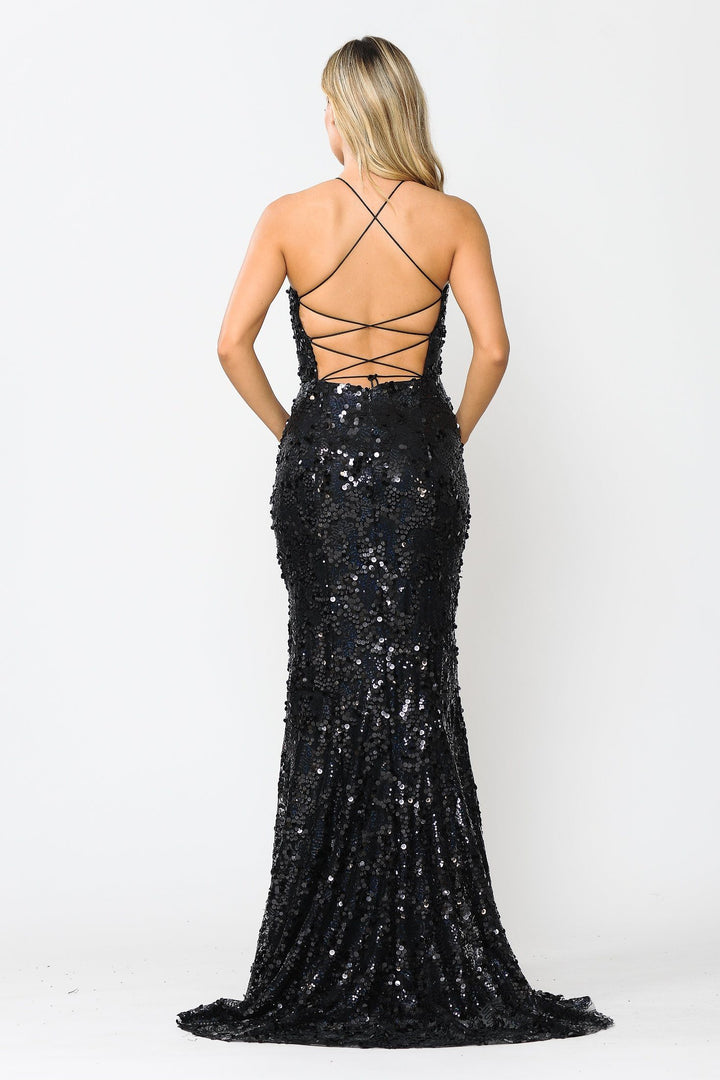 Fitted Long Sequin Dress with Corset Back by Poly USA 8646