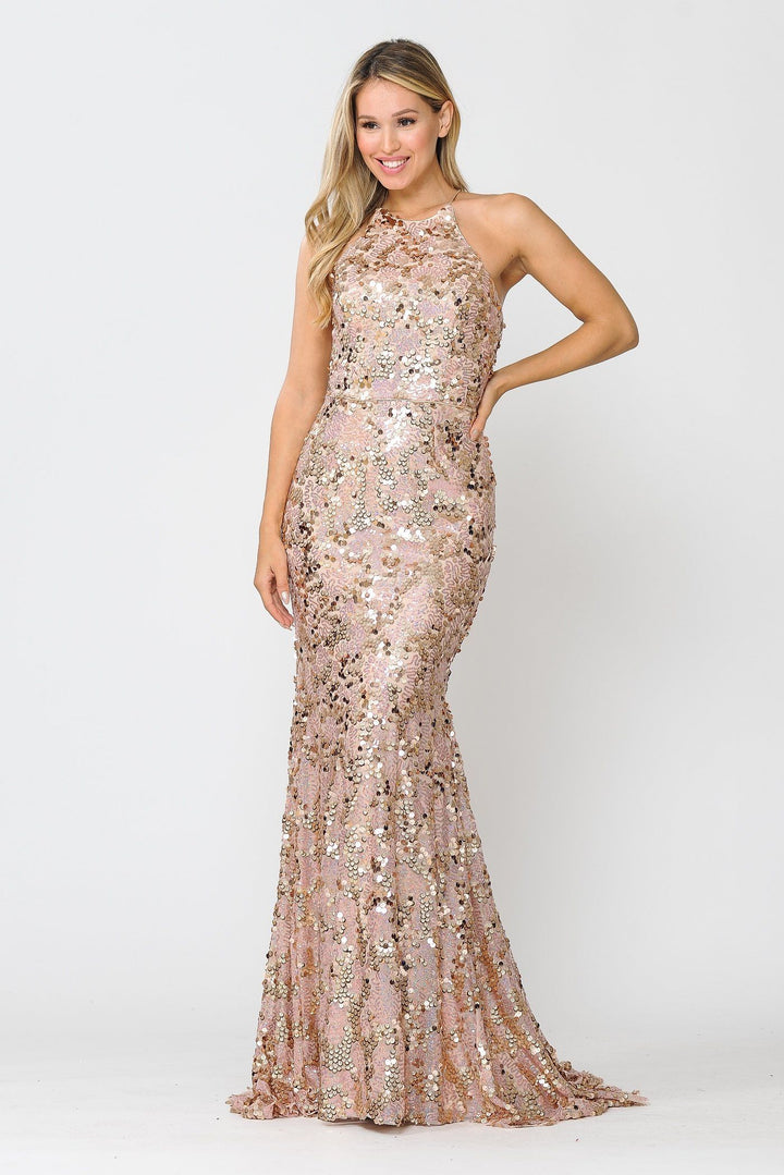 Fitted Long Sequin Dress with Corset Back by Poly USA 8646
