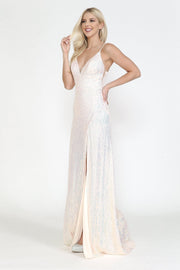 Fitted Long Sequin Dress with Slit by Poly USA 8720