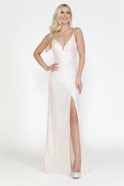 Fitted Long Sequin Dress with Slit by Poly USA 8720