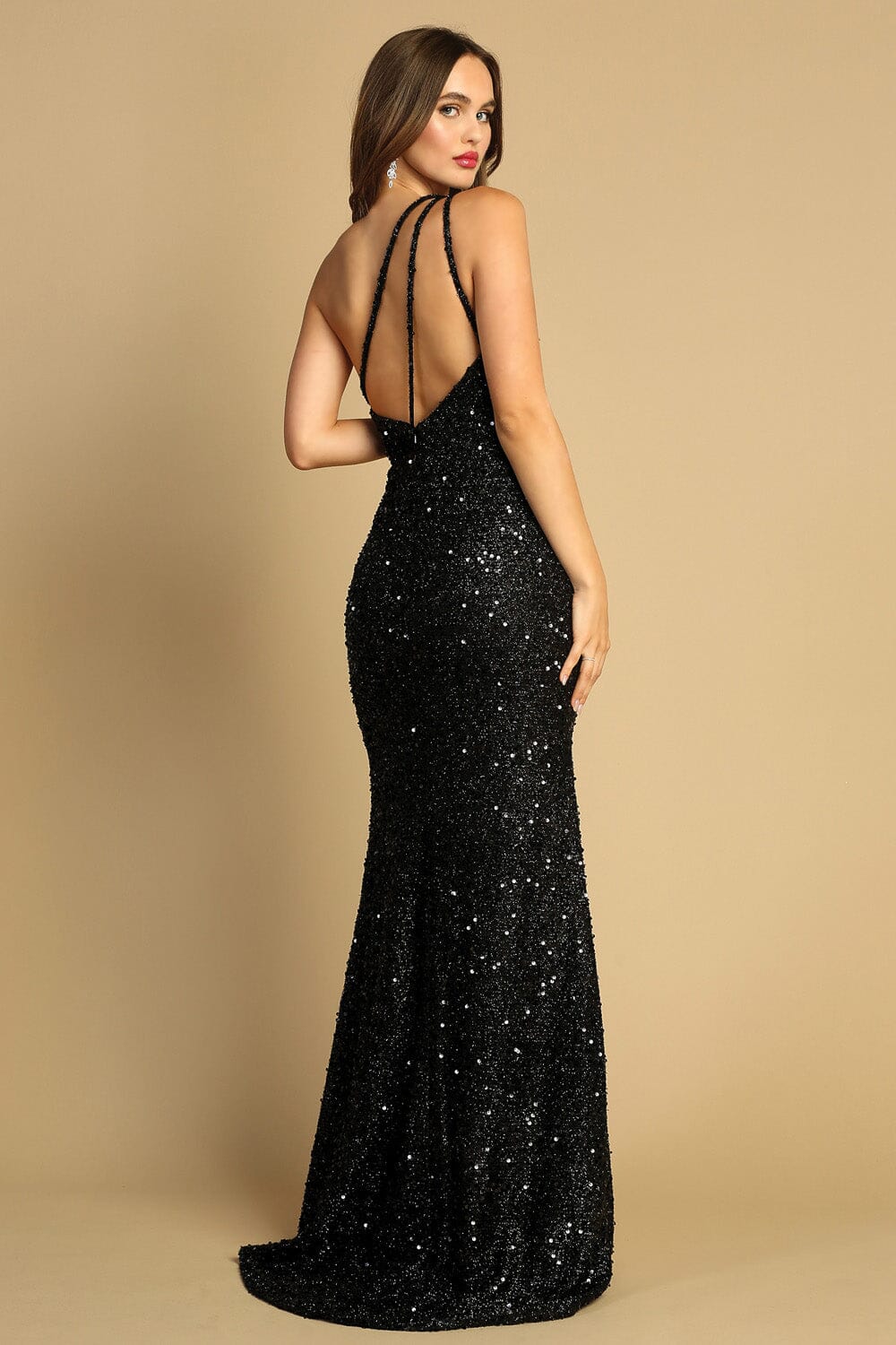 Fitted Long Sequin One Shoulder Slit Dress by Adora 3121