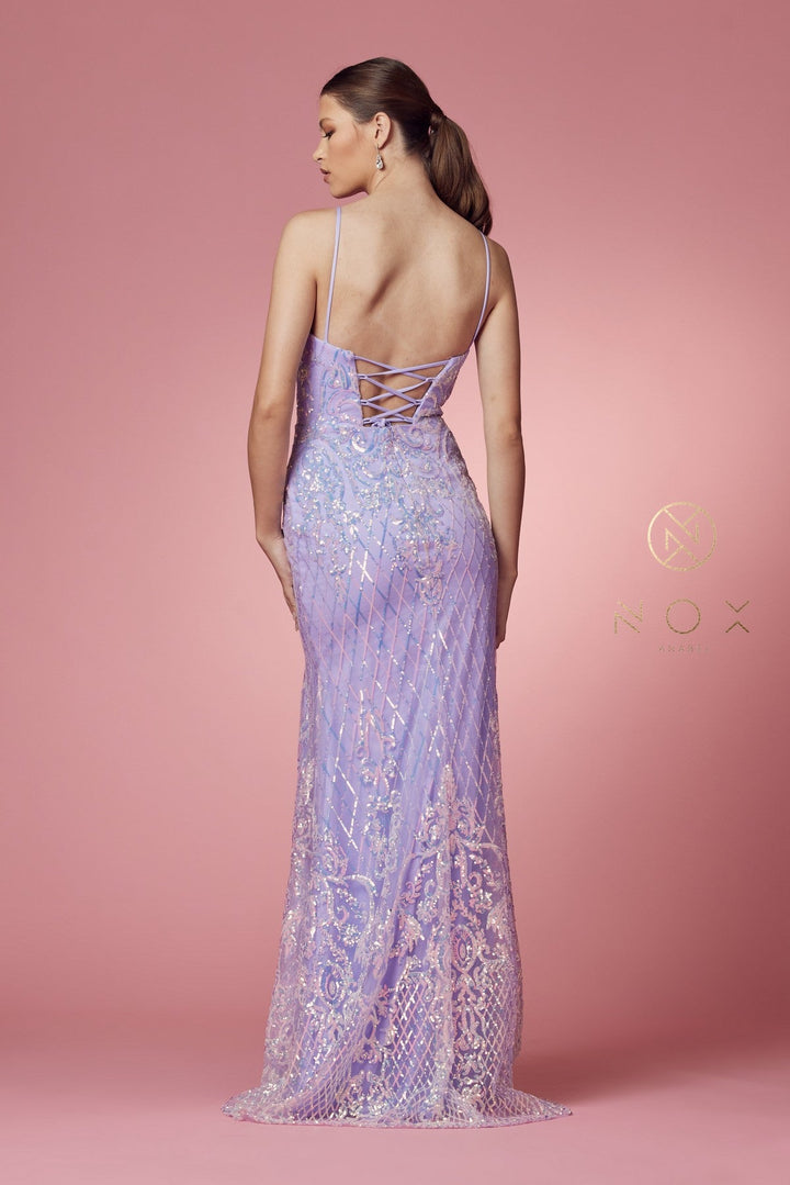 Fitted Long Sequin Print Dress by Nox Anabel S1041