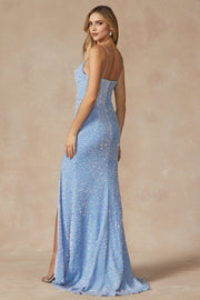 Fitted Long Sequin Velvet Corset Dress by Juliet 2408