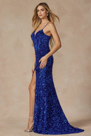Fitted Long Sequin Velvet Corset Dress by Juliet 2408