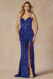 Fitted Long Sequin Velvet Corset Dress by Juliet 2408