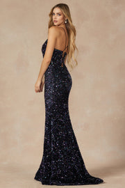 Fitted Long Sequin Velvet Sleeveless Dress by Juliet 2406