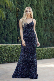 Fitted Long Sequin Velvet Sleeveless Dress by Juliet 2406