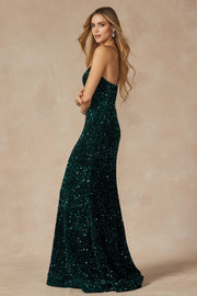 Fitted Long Sequin Velvet Sleeveless Dress by Juliet 2406