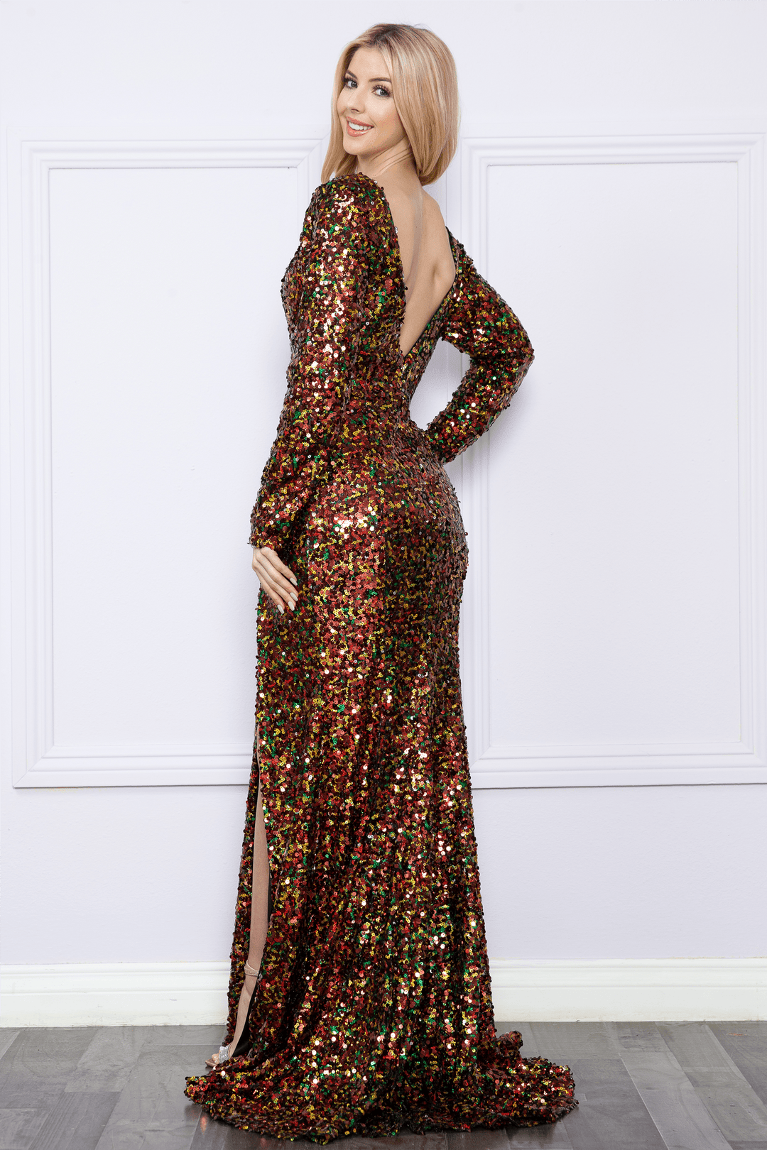 ☆人気☆【WOOALONG】☆Signature fitted silky long sleev.e☆ Fitted Long Sleeve Sequin Gown by Poly USA 9010 – ABC Fashion