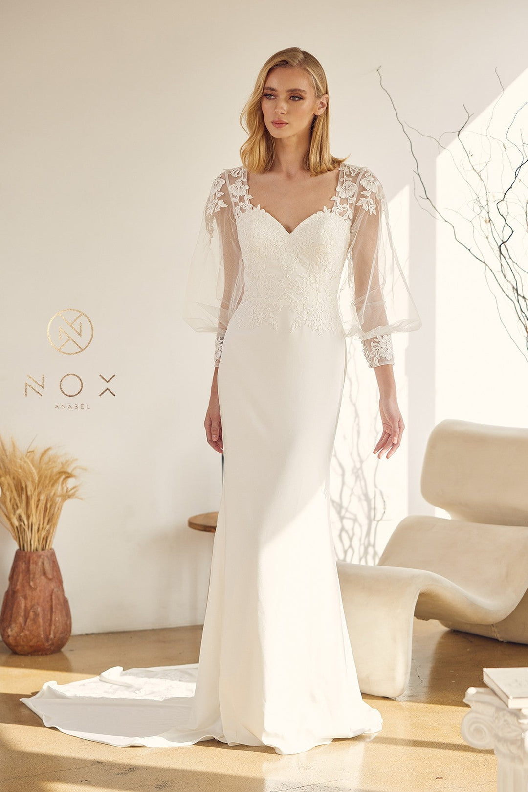 Fitted Long Sleeve Wedding Dress by Nox Anabel JE919