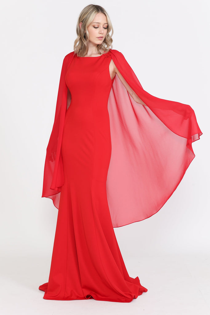 Poly USA 8566 Fitted Long Sleeveless Cape Dress 8566| FormalDressShops Red / S Poly USA 8566 Fitted Long Sleeveless Cape Dress 8566| FormalDressShops Red / S