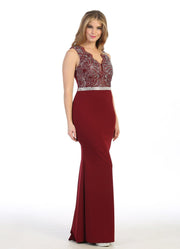 Fitted Long Sleeveless Dress with Embroidered Bodice by Celavie 6446
