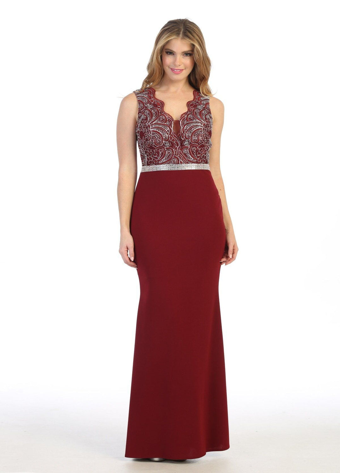 Fitted Long Sleeveless Dress with Embroidered Bodice by Celavie 6446