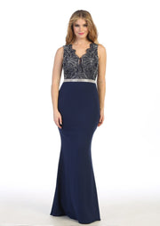 Fitted Long Sleeveless Dress with Embroidered Bodice by Celavie 6446