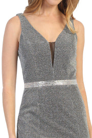 Fitted Long Sleeveless Metallic V-Neck Dress by Celavie 6483L