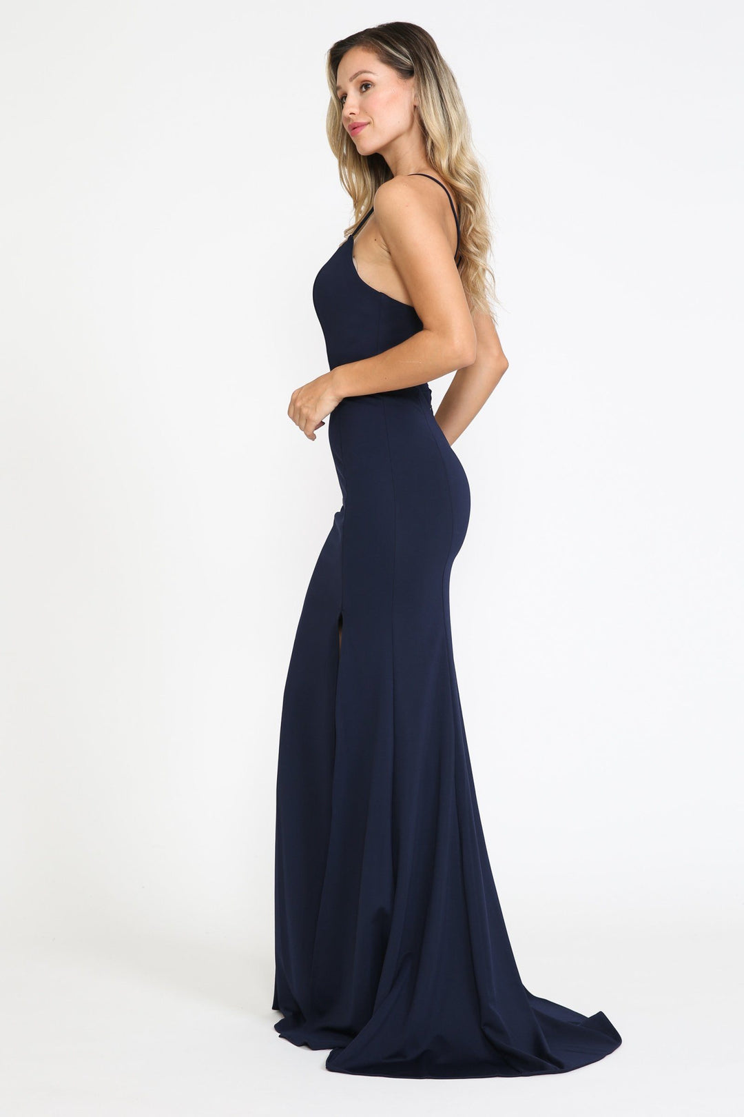 Fitted Long Square Neck Dress with Slit by Poly USA 8376