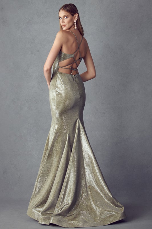 Fitted Long Strappy Back Metallic Dress by Juliet 242