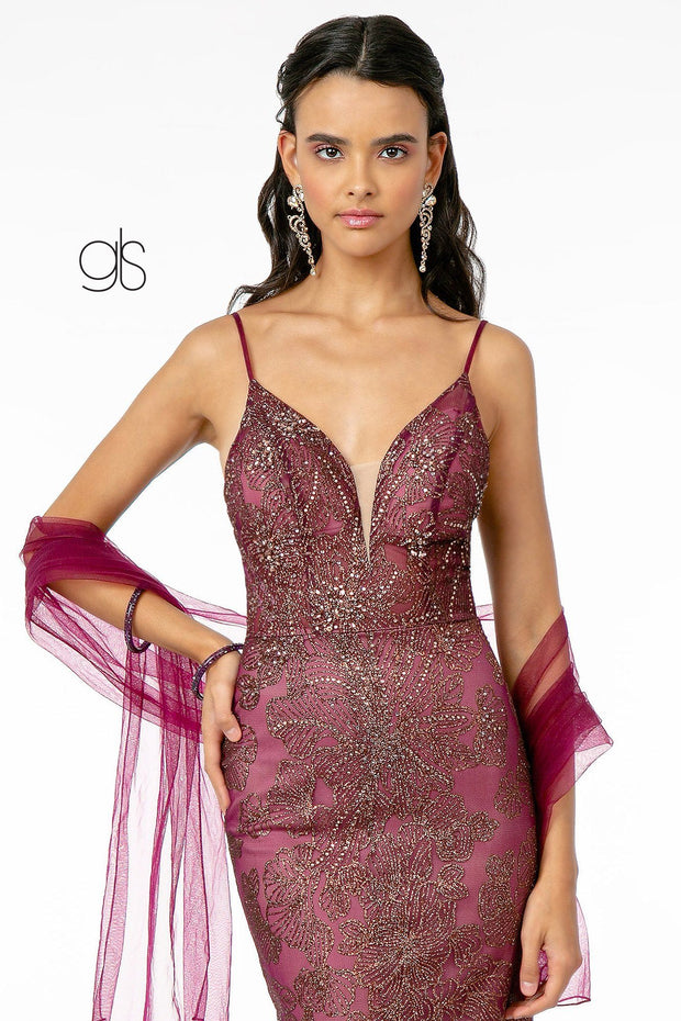 Fitted Long Sweetheart Glitter Print Dress by Elizabeth K GL2989