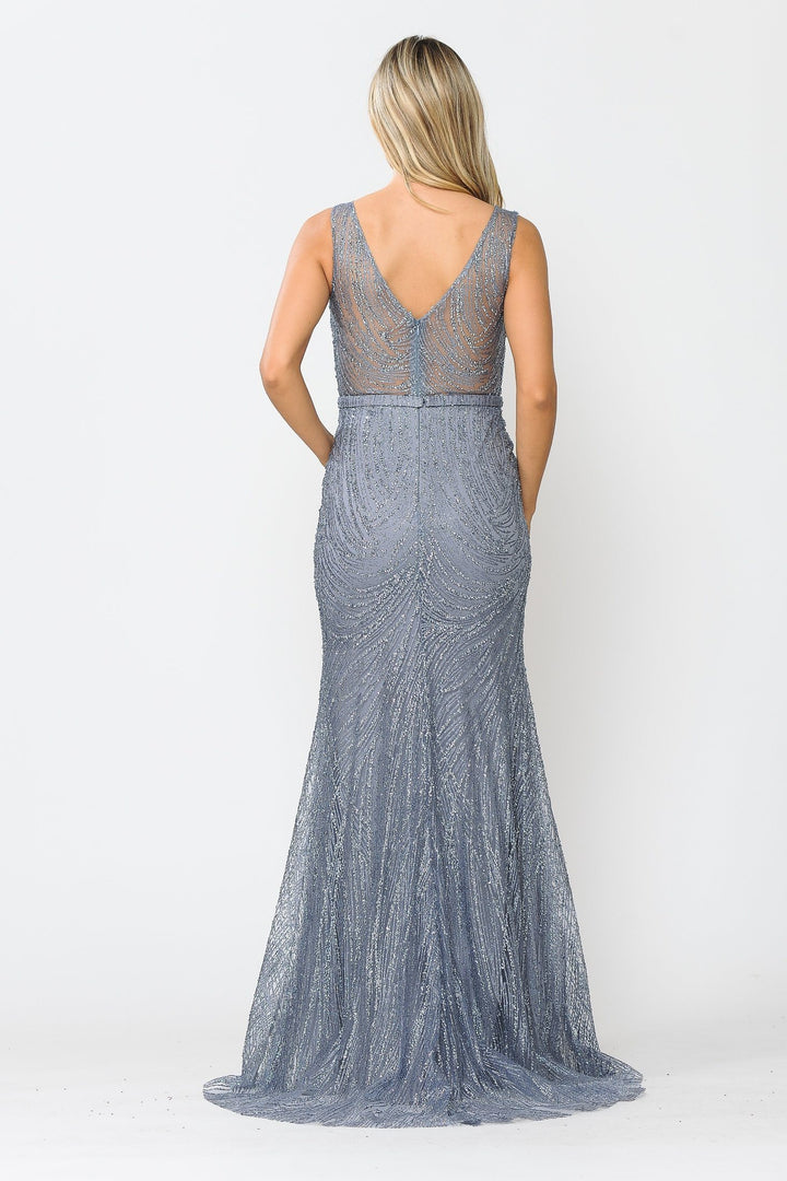 Fitted Long V-Neck Glitter Mesh Dress by Poly USA 8424