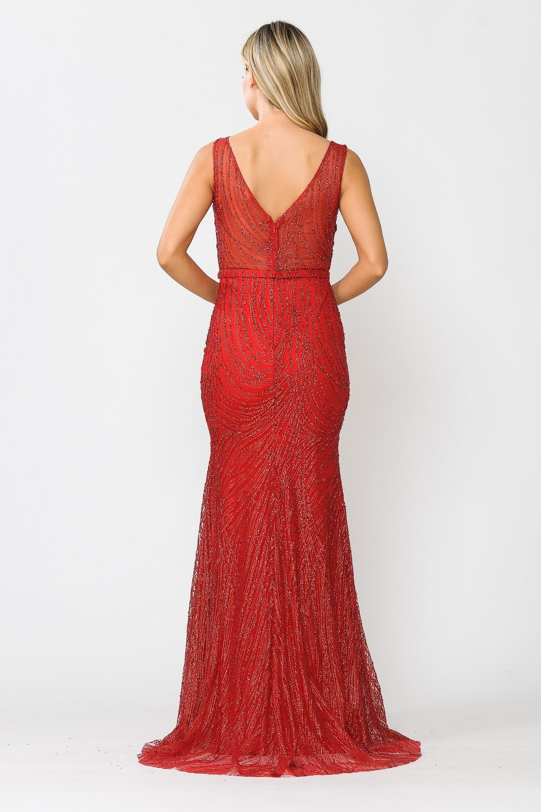 Fitted Long V-Neck Glitter Mesh Dress by Poly USA 8424