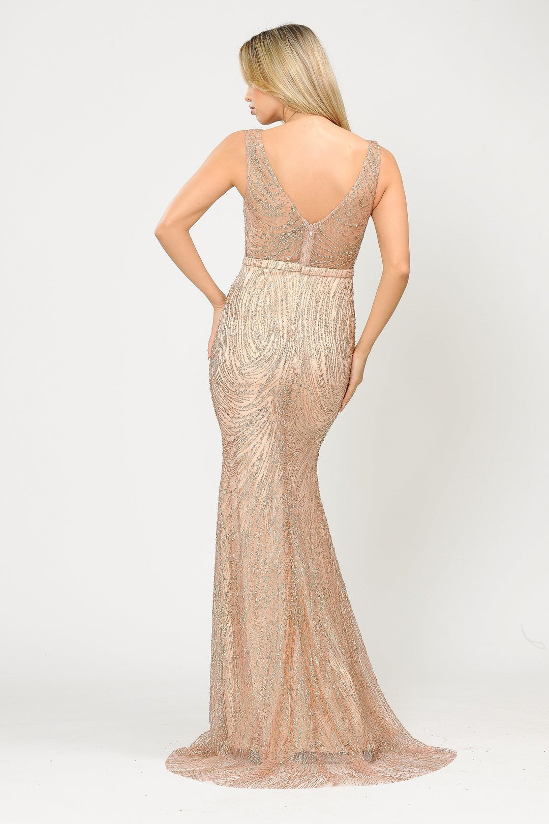 Fitted Long V-Neck Glitter Mesh Dress by Poly USA 8424