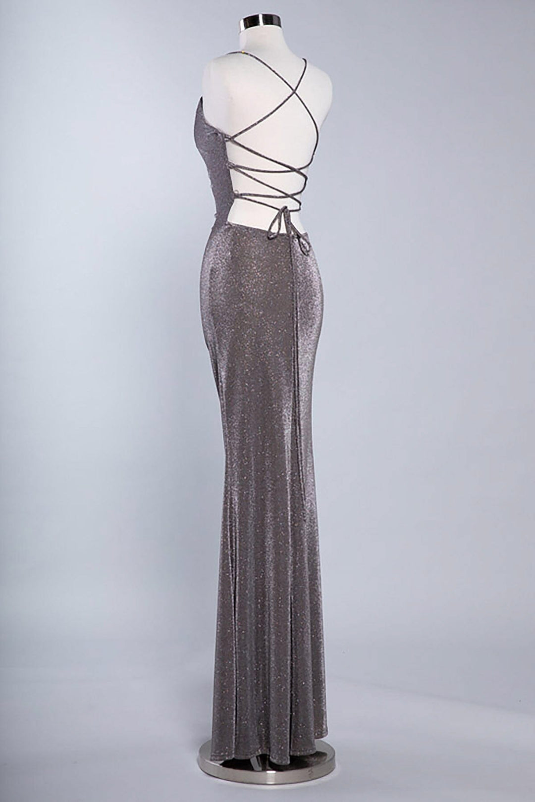 Fitted Metallic Glitter Cowl Neck Slit Gown by Coya D562