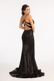 Fitted Metallic Sequin Slit Gown by Elizabeth K GL3050