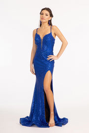 Fitted Metallic Sequin Slit Gown by Elizabeth K GL3050