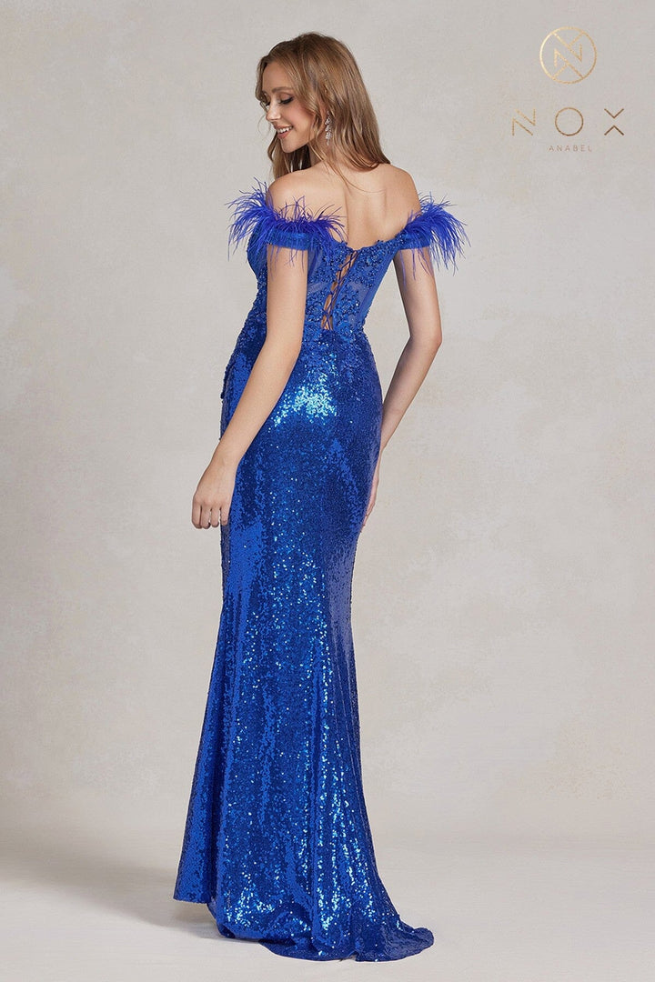 Fitted Off Shoulder Feather Gown by Nox Anabel S1229