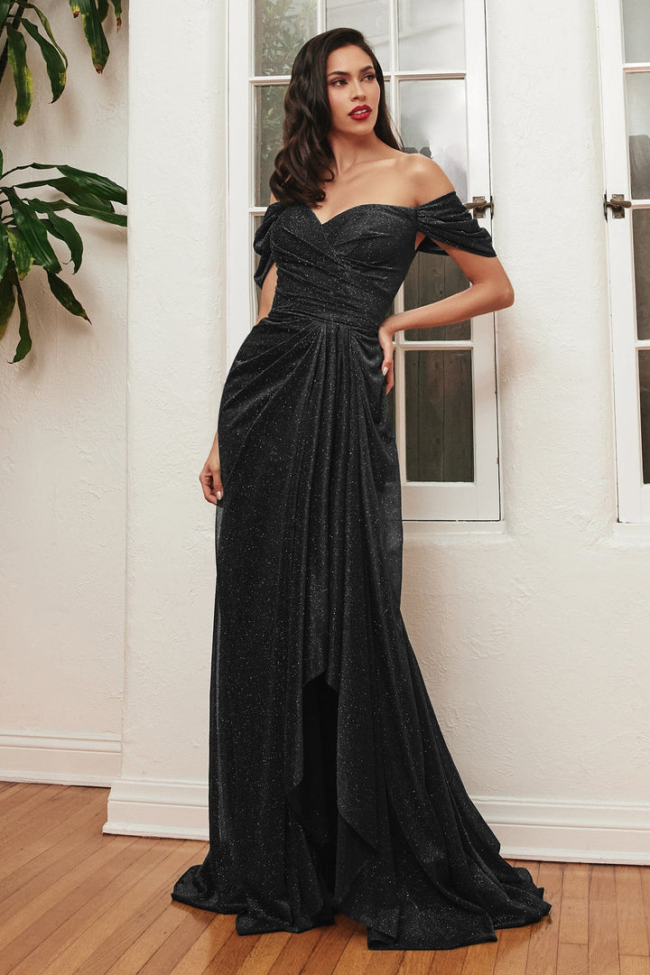 Fitted Off Shoulder Glitter Gown by Ladivine CD878