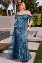 Fitted Off Shoulder Glitter Print Gown by Ladivine J849