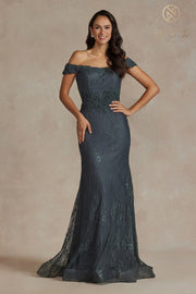 Fitted Off Shoulder Lace Gown by Nox Anabel JQ501
