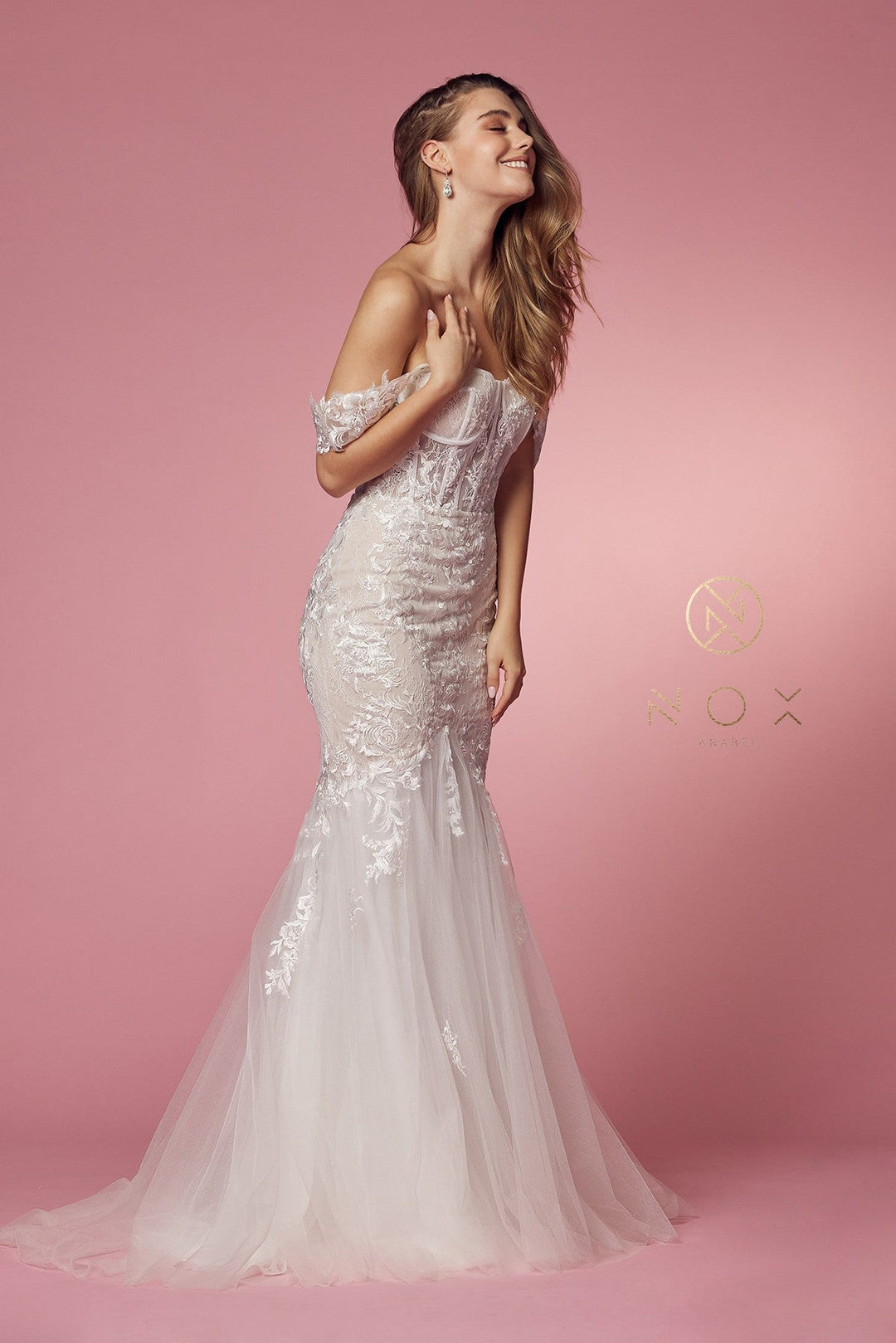Fitted Off Shoulder Lace Gown by Nox Anabel JS924