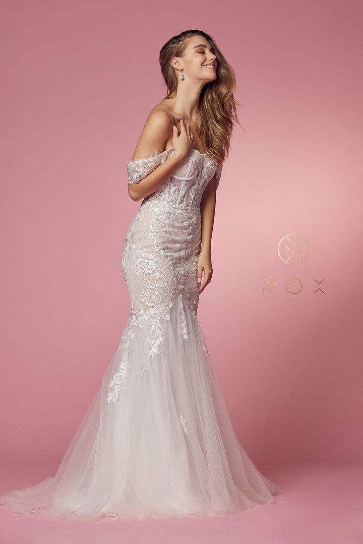 Fitted Off Shoulder Lace Gown by Nox Anabel JS924