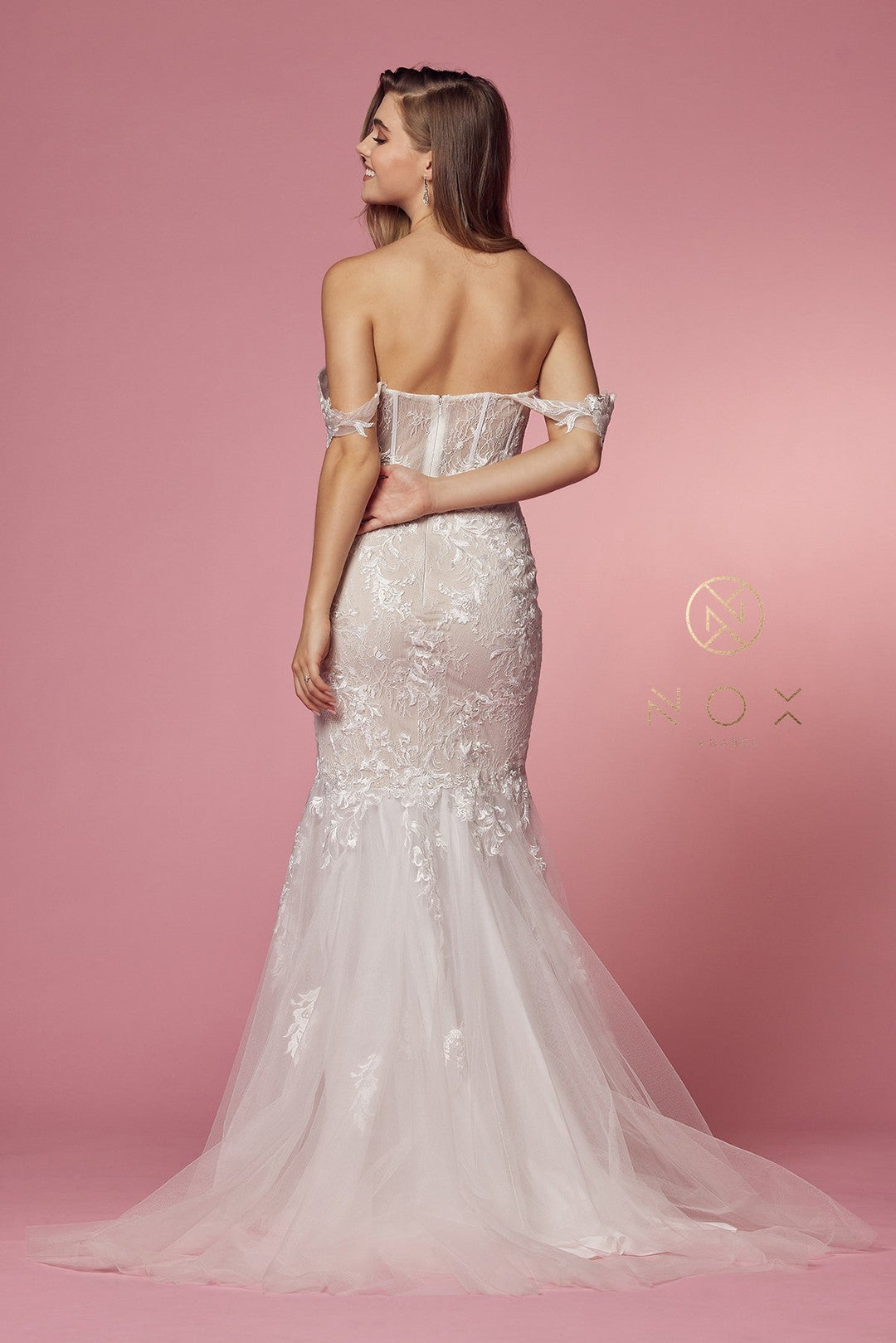 Fitted Off Shoulder Lace Gown by Nox Anabel JS924